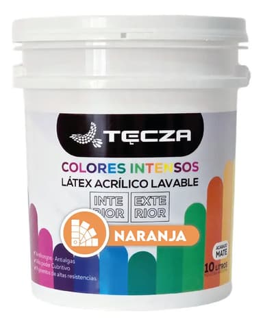 Pintura Latex Naranja Tecza, Lavable X 10 Litros, Linea Colores Intensos Preparados Apto Interior Y Exterior, Acabado Mate.