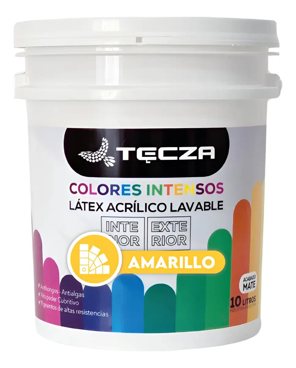 Pintura Latex Amarillo Tecza, Lavable X 10 Litros, Linea Colores Intensos Preparados Apto Interior Y Exterior, Acabado Mate.