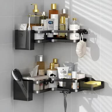 Set X5 Organizador Ducha 2 Estante Repisa Para Baño Con Adhesivo Sin Peforacion Pegatina + Jabonera + 2 Porta Cepillo Dientes Apto Para Cocina Ducha Baño Estante Para Shampoo Levys Bazar Color Negro