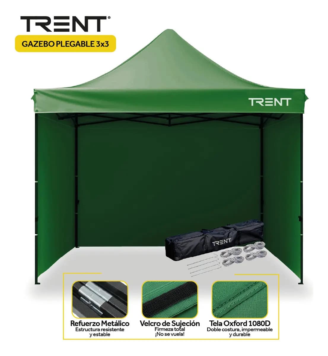 Gazebo Autoarmable Plegable Trent Reforzado 3x3 Metros Exterior Con Paredes Verde