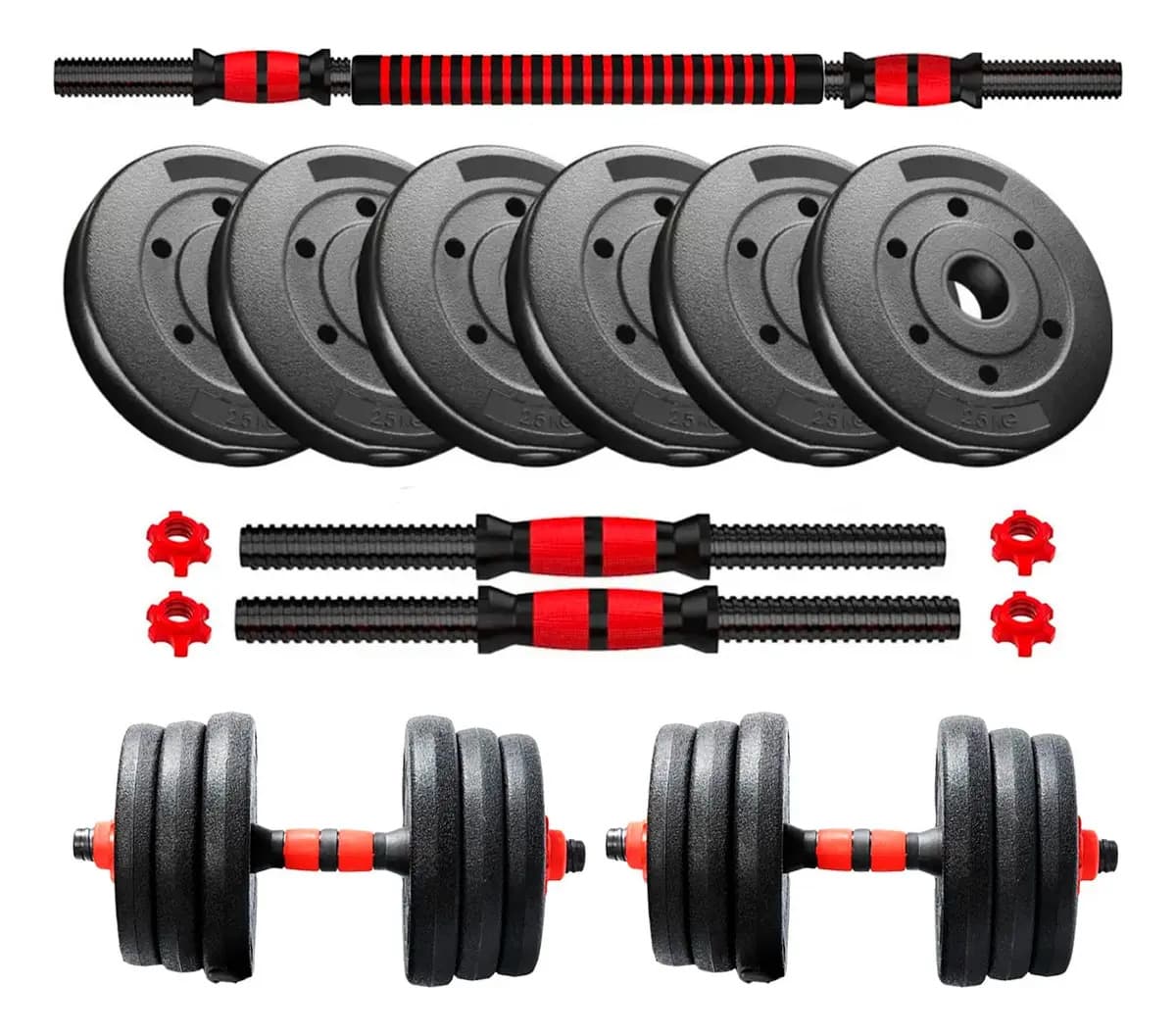 Kit Mancuernas y Barra BS Fit Set 30Kg Negro/Rojo Ajustable Hierro PVC 11 Unidades