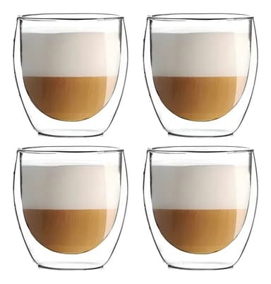 Set X4 Tazas Café Pocillos Vaso Doble Pared Termico Frio Calor Vidrio Borosilicato Levys Bazar 250ml