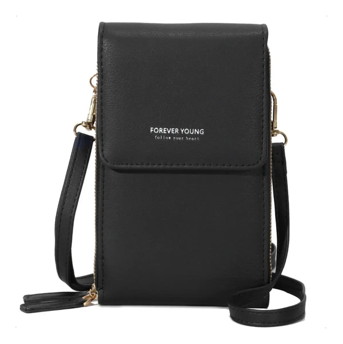 Mini Bag Bandolera Porta Celular Mujer Elisabeth&Co Tokio Negra Ventana Táctil Medidas 19x11x6.5 Cuero Sintético Correa Regulable Desmontable 3 compartimentos Cierre Magnético Compatible Equipos 16x9