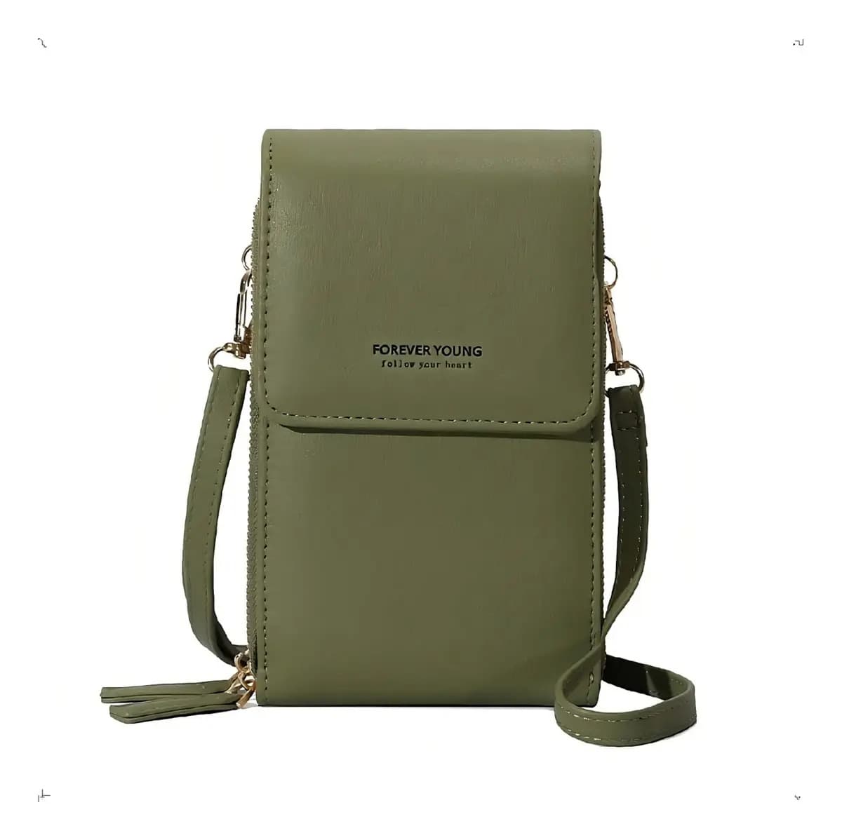 Mini Bag Bandolera Porta Celular Mujer Elisabeth&Co Tokio Verde Pantalla Táctil Medida 19x11x6.5 Cuero Sintético Correa Regulable Desmontable 3 compartimentos Cierre Magnético Compatible Equipos 16x9