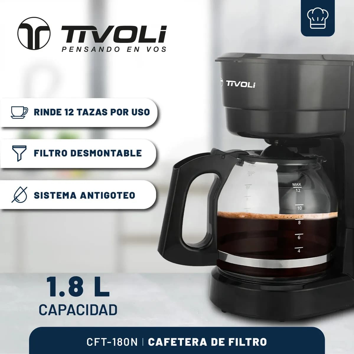 Cafetera De Filtro Tivoli 1,8l 900w Negra 12 tazas, antigoteo Color Negro