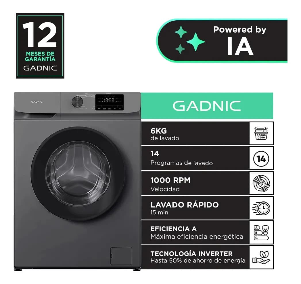 Lavarropas Gadnic 6kg 1000 Rpm 14 Programas Frontal Inverter