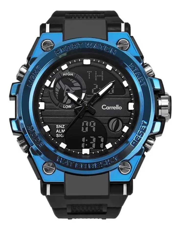 Reloj Deportivo Carrello VT-2104 para Hombre: Diseño Dual Análogo-Digital, Cronógrafo de Precisión, Alarma y Luz LED. Resistente y Robusto, Estilo Táctico Militar. ¡Uso Diario y Deporte! - Azul/Negro