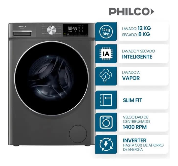 Lavasecarropas Philco Carga Frontal 12/8 Kg Inverter Titanium Grey Inox