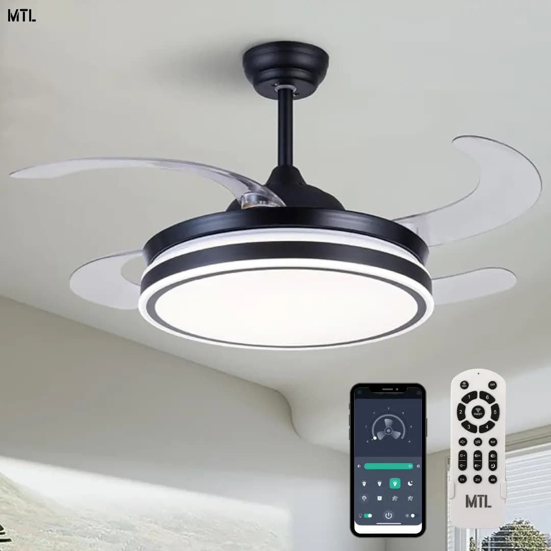 Ventilador Lámpara De Techo Inteligente con App MTL Color Negro Luz Led Incorporada Aspas Retráctiles 3 Tonos Control Remoto 6 Velocidades Estilo Moderno Ideal Living Comedor Manejo aplicación