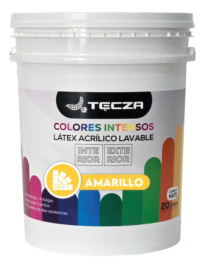 Pintura Latex Amarillo Lavable 20 Litros. Tecza, Linea Colores Intensos Preparados Apto Interior Y Exterior, Acabado Mate.