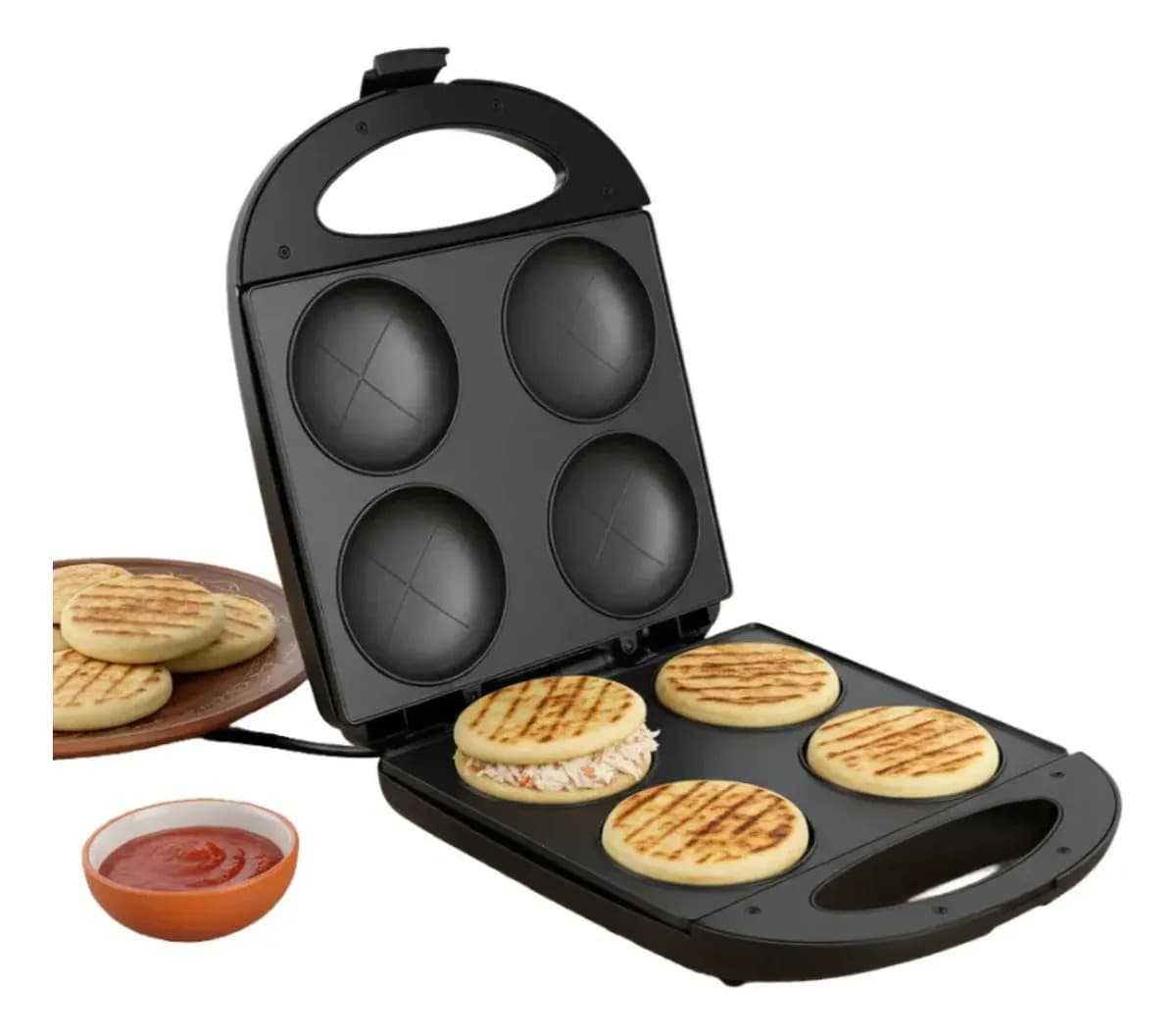 Tostadora Arepera Pancakes Tosty Arepa Huevos Tortilla 1400w Electrico Potente Rapido Facil De Usar Wimport Color Negro