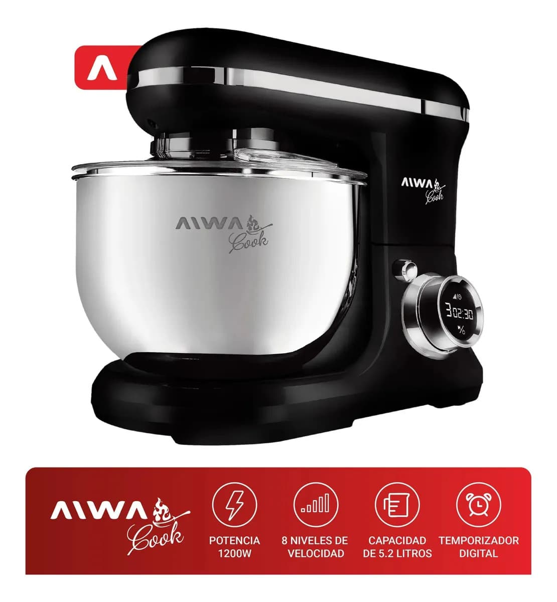 Batidora De Pie Planetaria Digital 3 En 1 Aiwa 5,2 Lts 1200w Color Negro mate Frecuencia 50 Hz/60 Hz