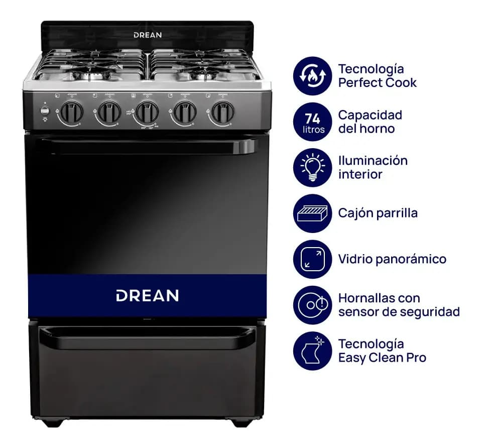 Cocina Drean 56cm Negra Horno 74l Luz Encendido Parrilla Multigas Cd5603an0