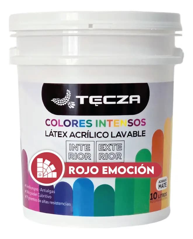 Pintura Latex Rojo Emoción Tecza, Lavable X 10 Litros, Linea Colores Intensos Preparados Apto Interior Y Exterior, Acabado Mate.