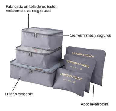 Set Organizador Maleta Viaje Travel Laundry Pouch 6 Piezas Gris