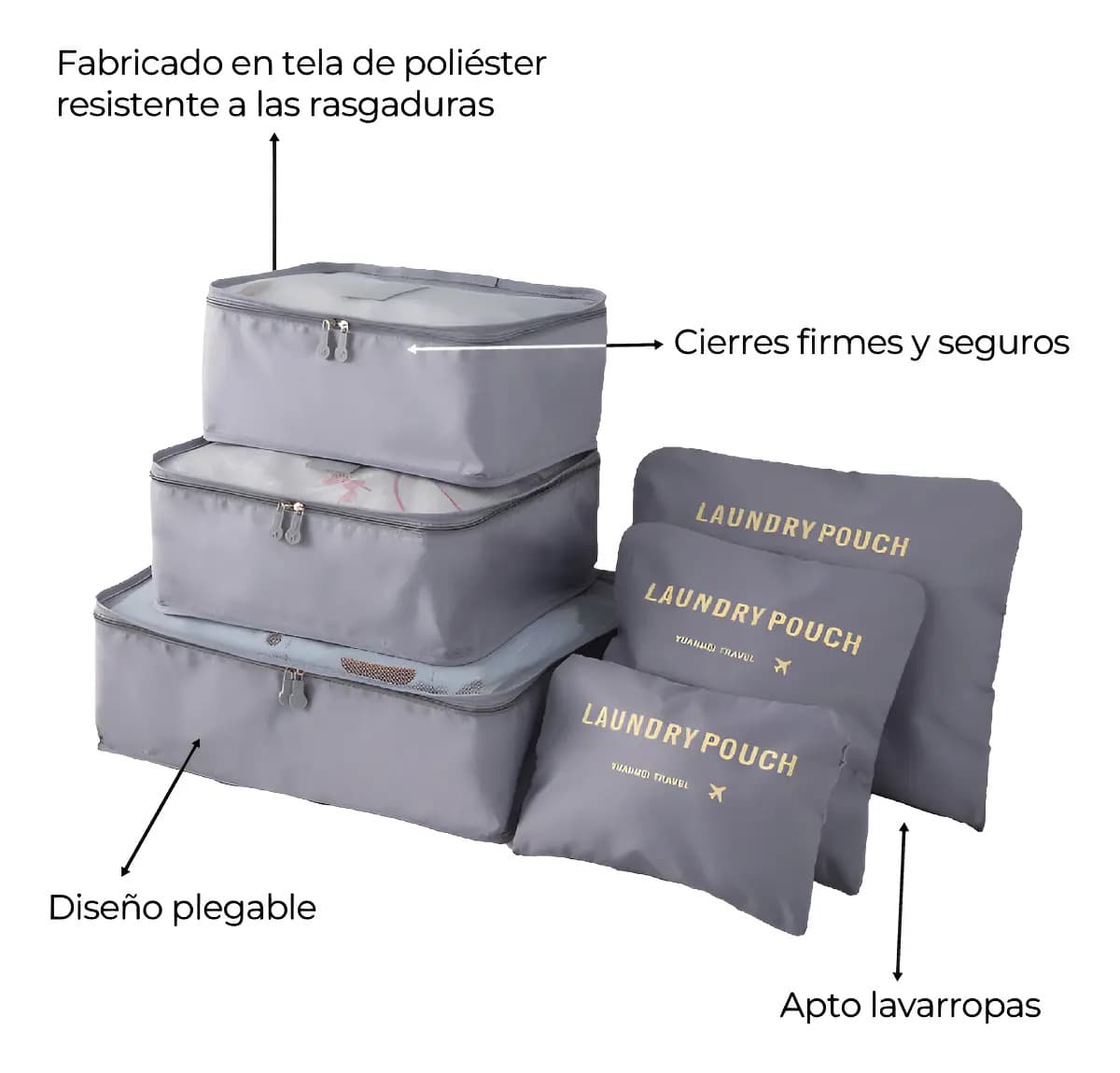 Set Organizador Maleta Viaje Travel Laundry Pouch 6 Piezas Gris