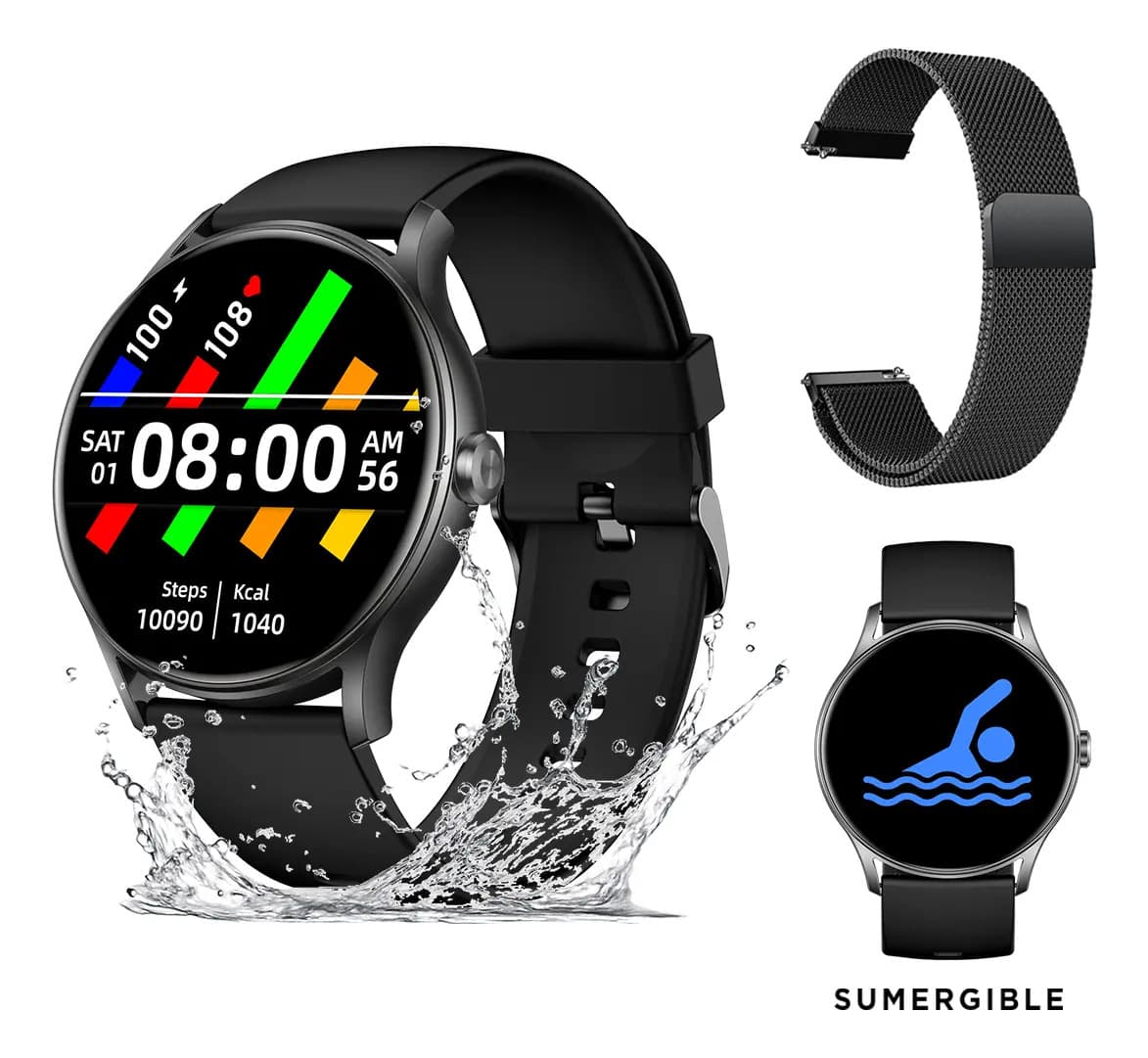 Smartwatch Redondo Nictom 1,28 Notificaciones + Malla Metálica Color de la caja Negro Color de la malla Negro