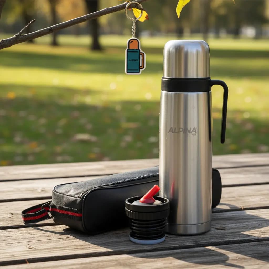 Termo Plateado Manija 1l Acero Inox Alpina + Llavero + Bolso