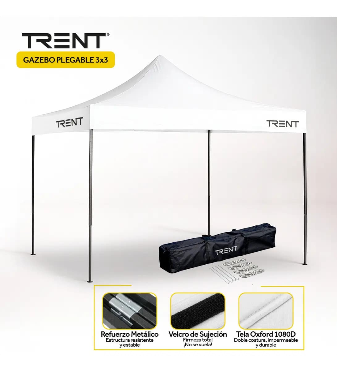 Gazebo Autoarmable Plegable Trent Reforzado 3x3 Metros De Exterior Blanco