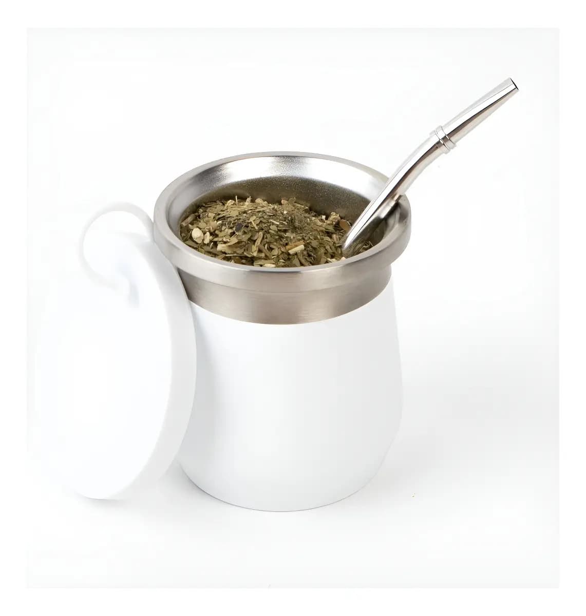 Mate De Acero Doble Pared Con Tapa Antiderrame Y Bombilla Color Blanco Mate Termico