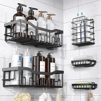 Set X5 Organizador Ducha Estante Bano Canasto Baño Adhesivo Negro