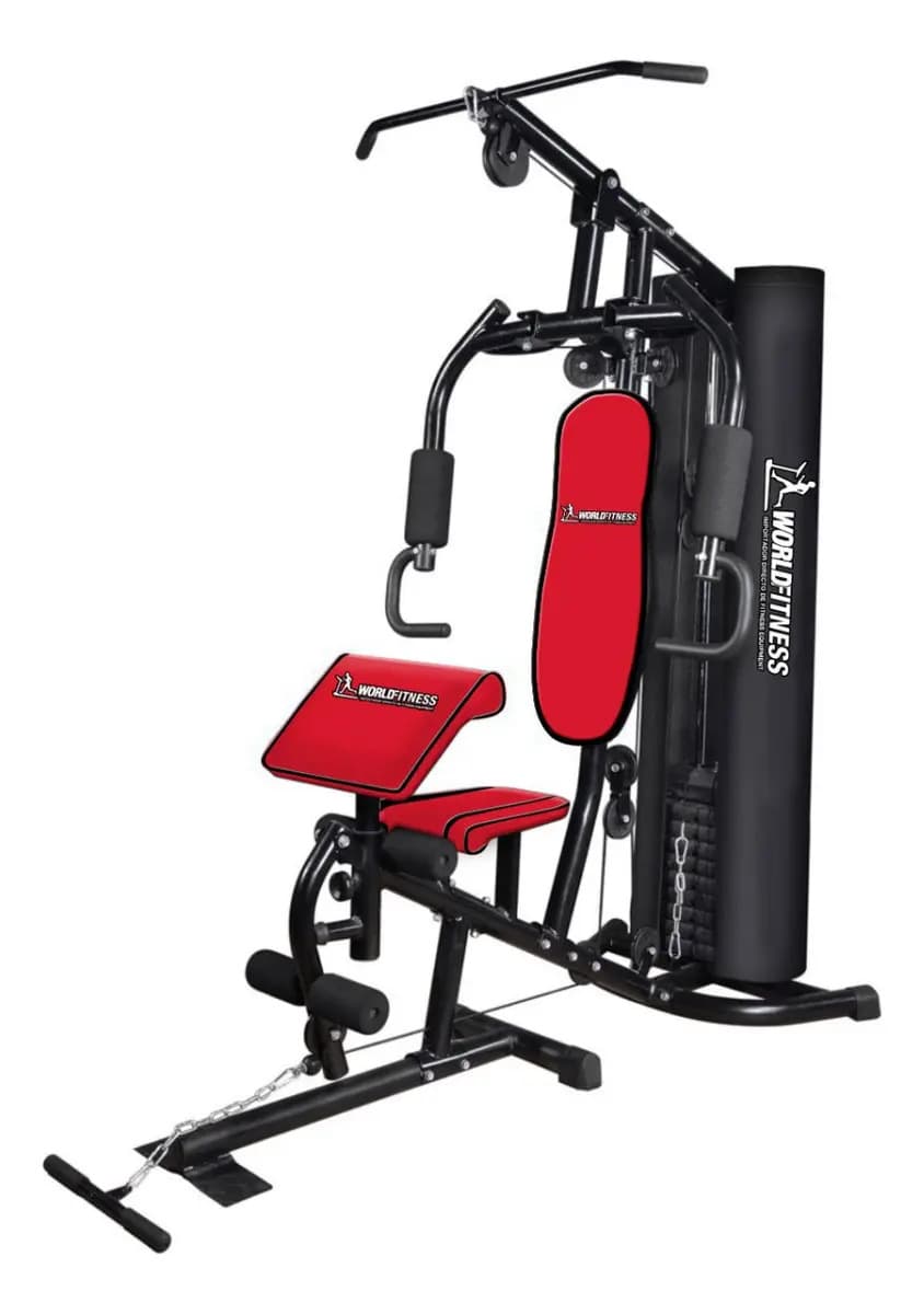 Multigimnasio 75kg Con estructura Para lingotera World Fitness 7116 Estructura Negro Tapizado Rojo