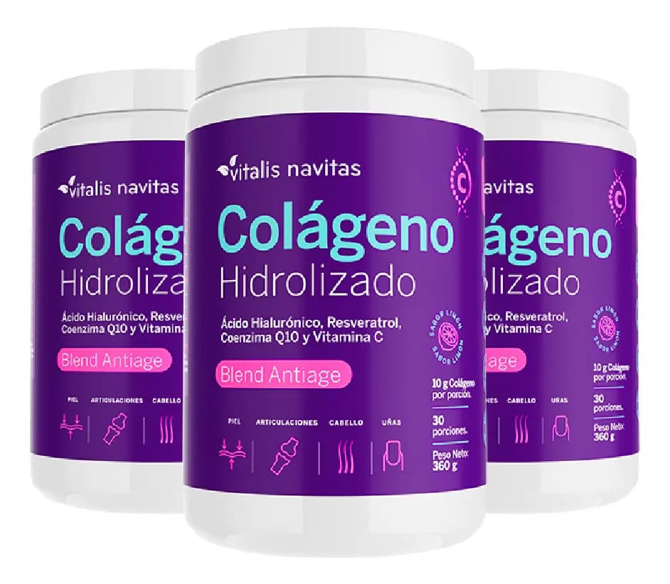 Suplemento en polvo Vitalis Navitas Colágeno Hidrolizado sabor limón en pote de360cc Plan 90 dias