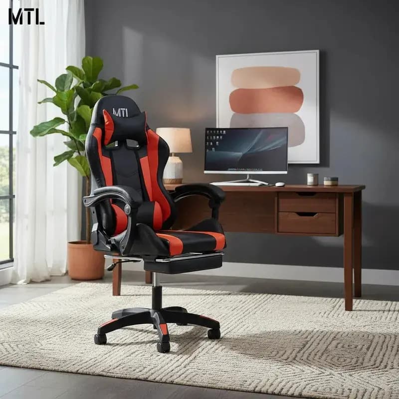 Silla Gamer Mtl Ergonómica De Escritorio Oficina Color Rojo Material Del Tapizado Cuero sintético Youtuber Streamer Reclinable Altura Regulable Con Soporte Apoyapies Almohadon Lumbar Ruedas 360°
