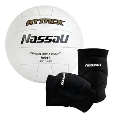 Pack Voley Nassau Profesional con Pelota Blanca y Rodilleras Negras Talle M