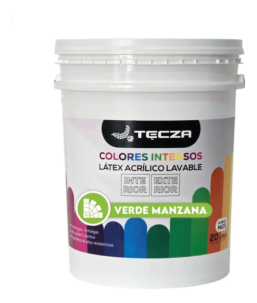 Pintura Latex Verde Manzana Lavable 20 Litros. Tecza, Linea Colores Intensos Preparados Apto Interior Y Exterior, Acabado Mate.