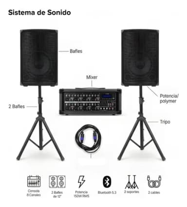 Sistema De Sonido 420w 2 Bafles 12 Consola 8ch Pw-3012a-8f