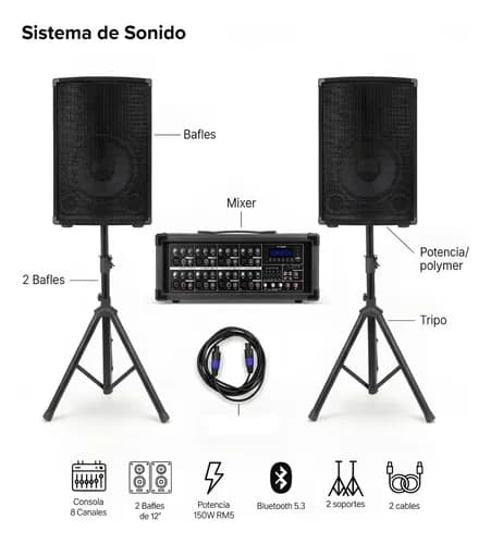 Sistema De Sonido 420w 2 Bafles 12 Consola 8ch Pw-3012a-8f