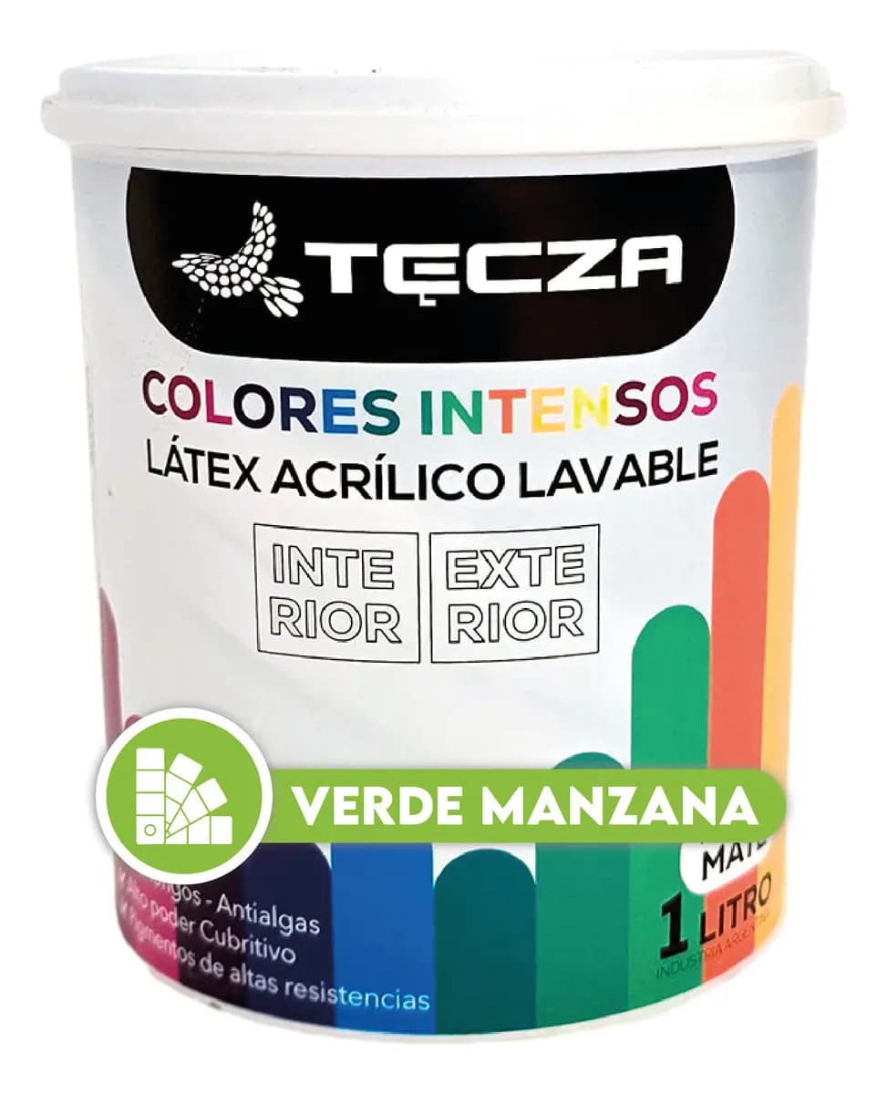 Pintura Latex Verde Manzana Lavable 1 Litro. Tecza, Linea Colores Intensos Preparados Apto Interior Y Exterior, Acabado Mate.