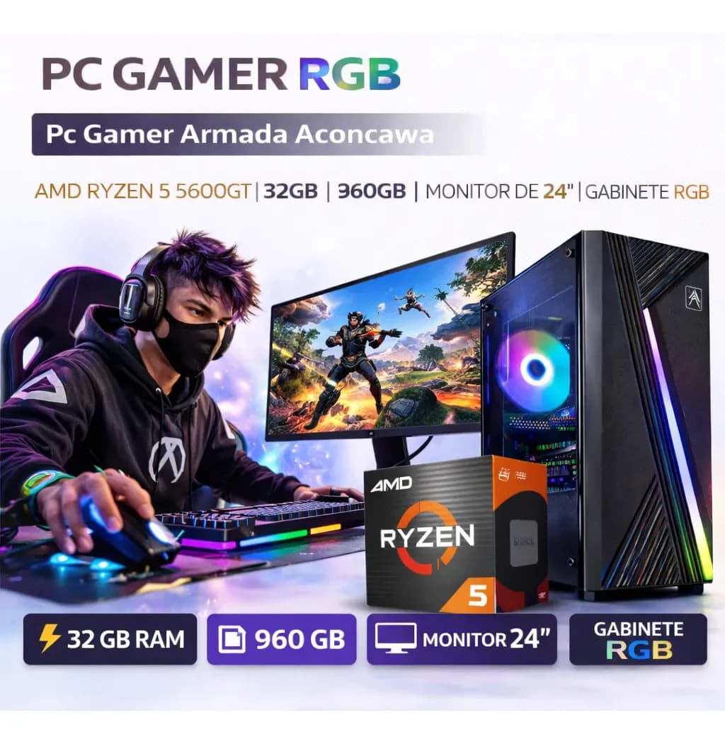 Pc Gamer Armada Aconcawa Amd Ryzen 5 5600GT | 32 Gb | 960 Gb | Monitor De 24 | Gabinete Rgb