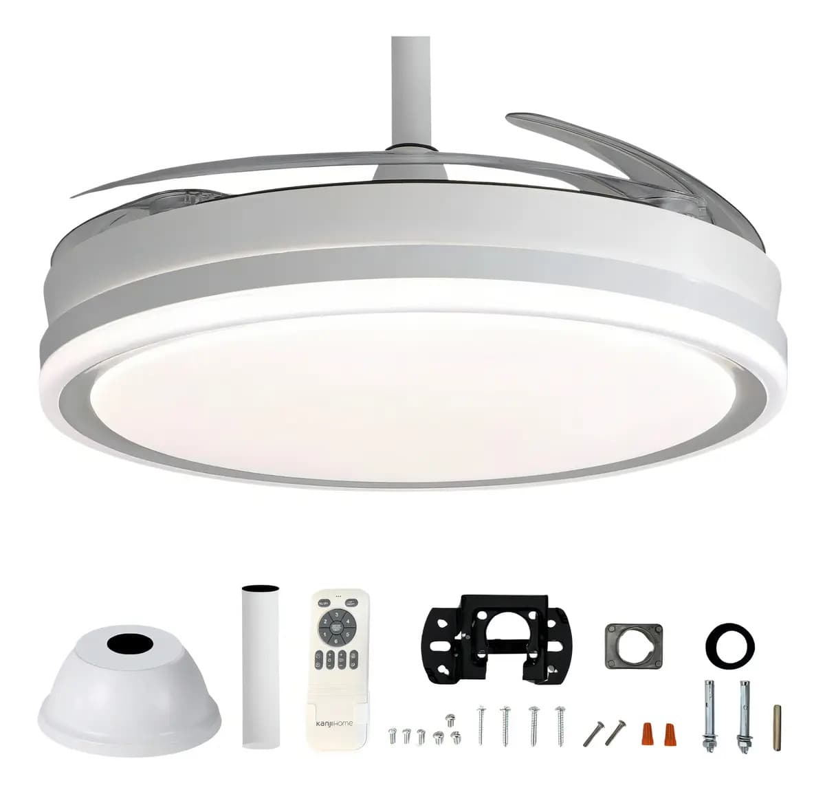 Ventilador De Techo Kanji Retráctil Blanco 4 Aspas 6 Velocidades Reversa Timer Control Remoto 65 Watts.
