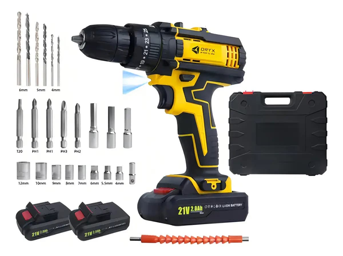 Taladro Atornillador Inalambrico Retopercutor Con 2 Baterias 21v Incluye Maletin De Traslado 24 Piezas Mechas Punta Destornillador Y Tubos Con Cargador Oryx El675