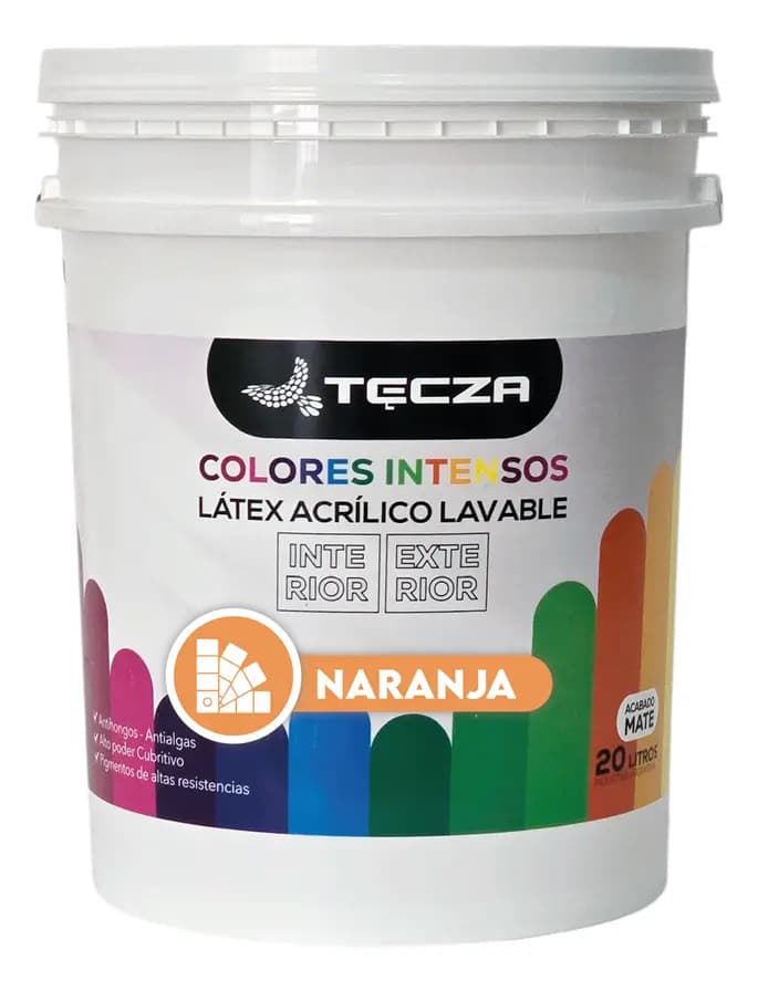 Pintura Latex Naranja Lavable 20 Litros. Tecza, Linea Colores Intensos Preparados Apto Interior Y Exterior, Acabado Mate.