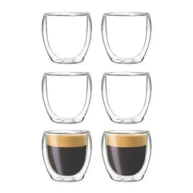 Tazas Café Doble Pared Pocillo Espresso 80ml X6 Vidrio Borosilicato | Termo No Transmite Calor Frío | Apilable Apto Microondas Lavavajillas Levys Bazar Transparente