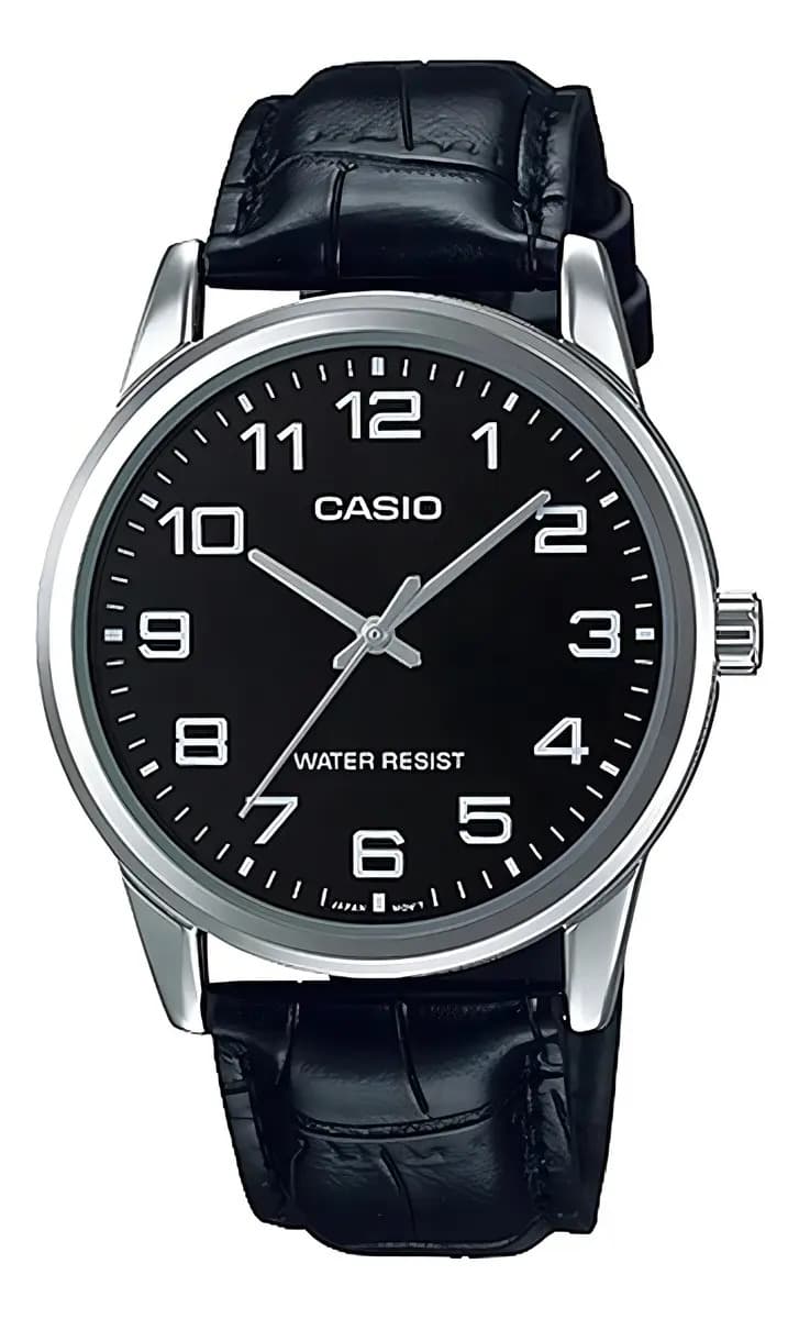 Reloj pulsera Casio MTP-V001G-9B con correa de cuero color negro - bisel plateado