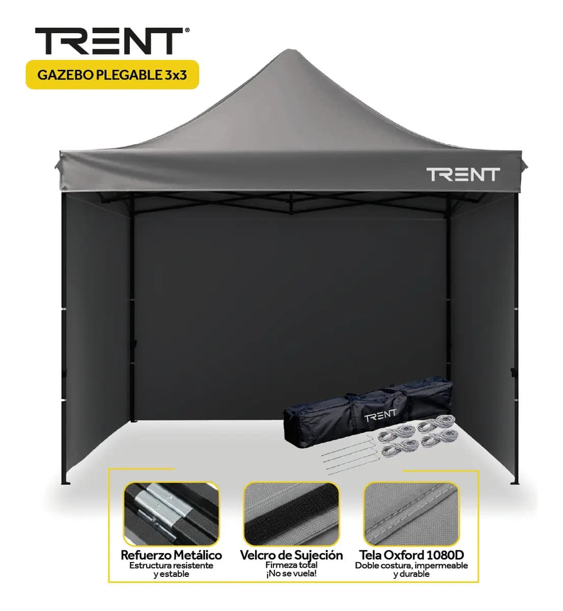 Gazebo Autoarmable Plegable Trent Reforzado 3x3 Metros Exterior Con Paredes Gris