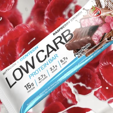 Low Carb Gentech Sabor Raspberry Crunch Caja X 10 Barras de Proteina bajas en Carbohidratos. Sin Gluten