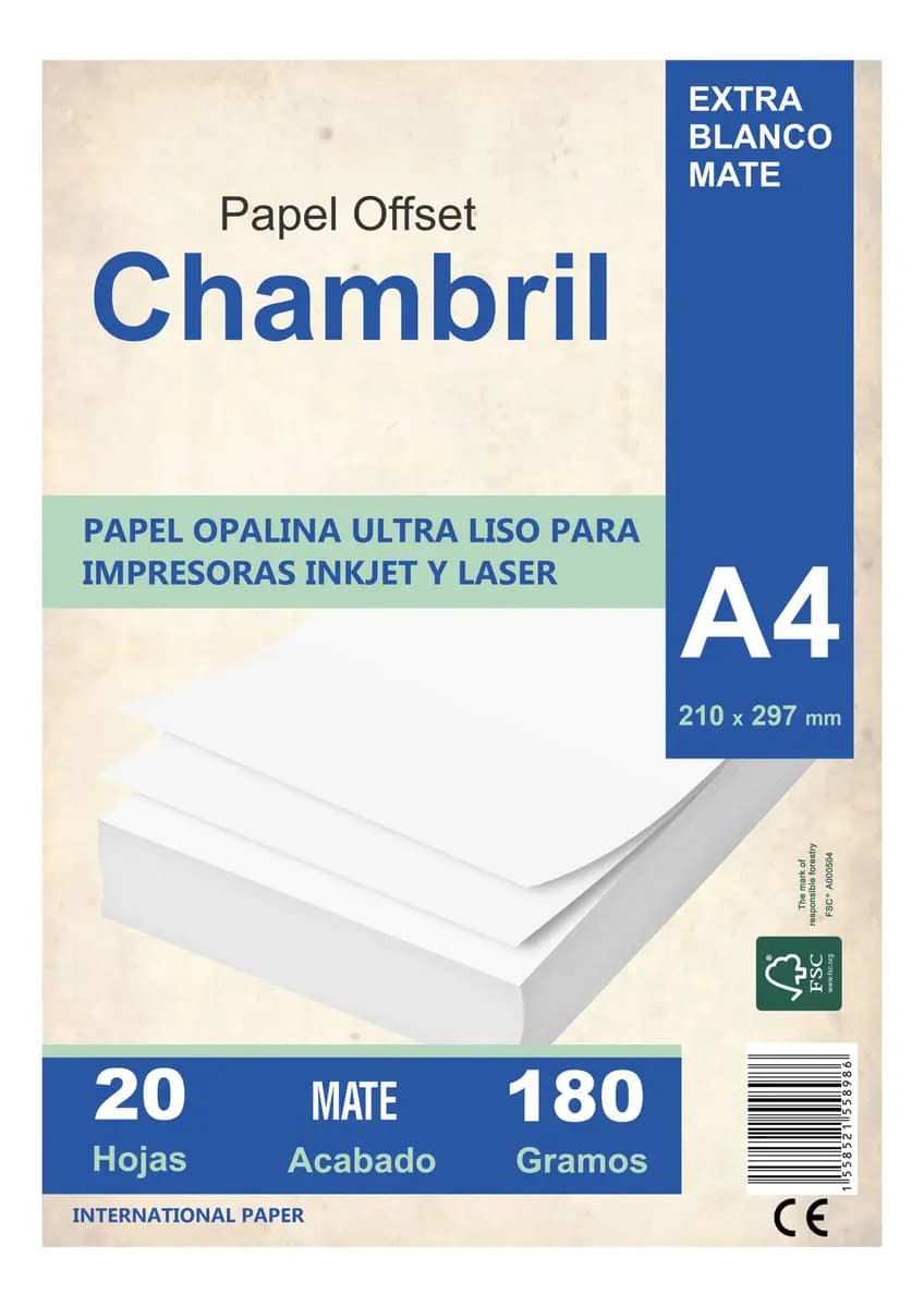 Papel Opalina A4 180g Chambril Blanco Mate Pack 20 hojas Inkjet Láser