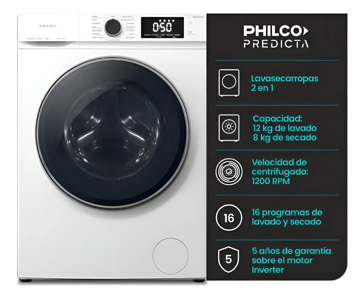 Lavasecarropas Inverter Philco Phls128t Carga Frontal 12kg/8kg 1200 rpm Blanco