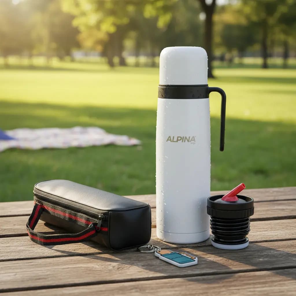 Termo Blanco Manija 1l Acero Inox Alpina + Llavero + Bolso