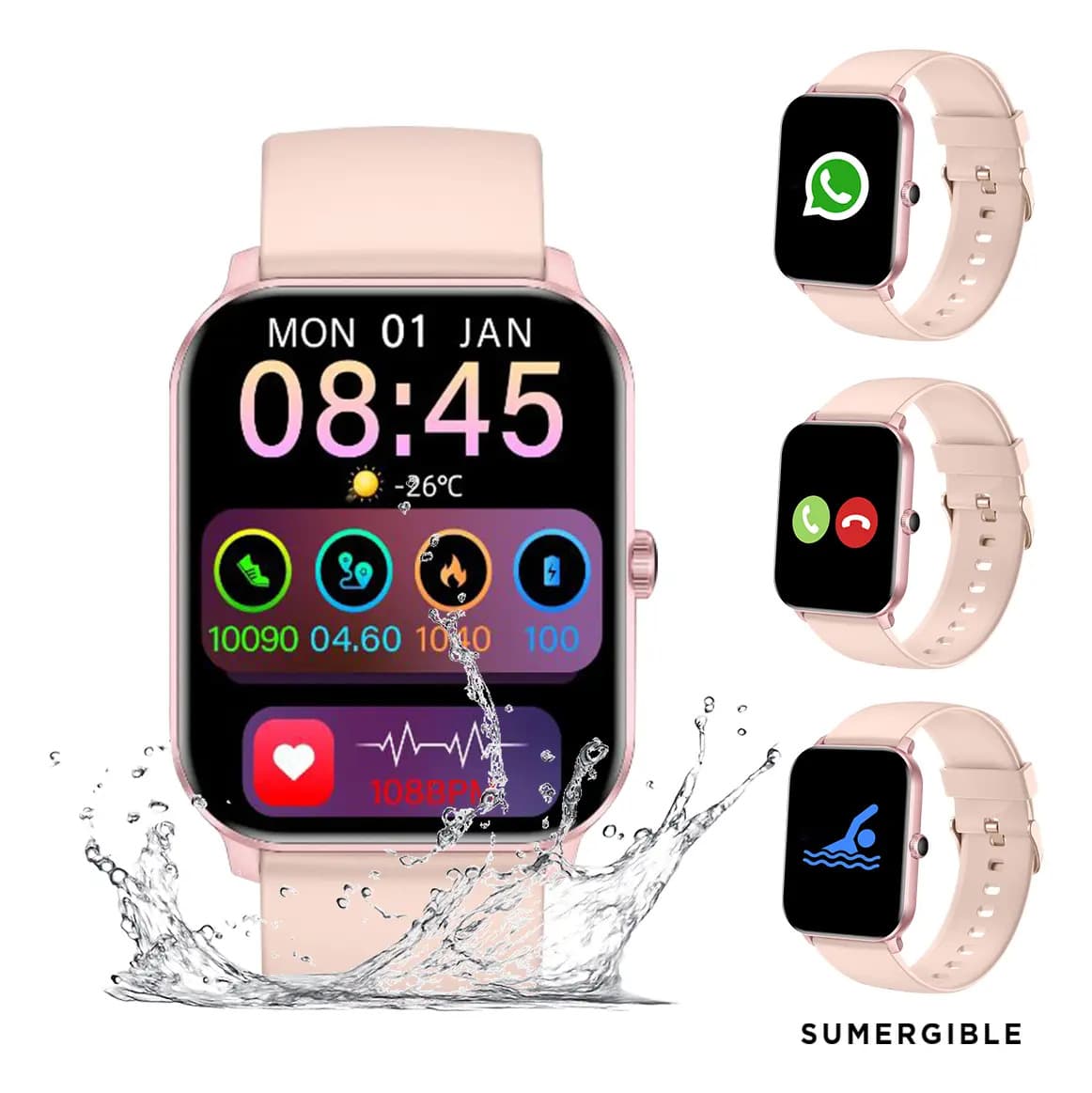 Smartwatch Nictom Rosa Reloj Inteligente Sumergible Deportiva Pantalla Táctil Notificaciones Bluetooth Salud Mujer Resistente al Agua
