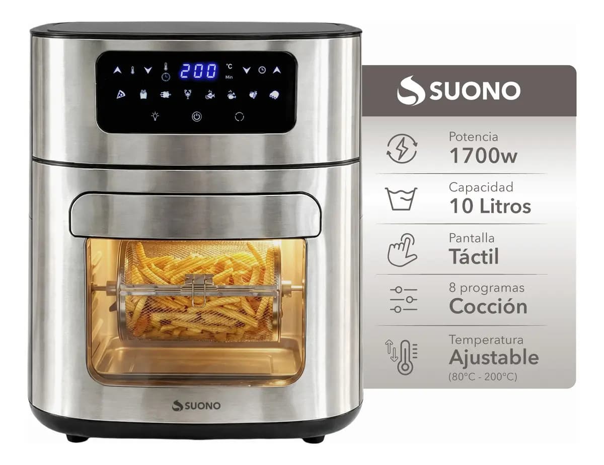 Horno Freidora De Aire Suono AirFryer 10 L Con Accesorios 1700 W Función Spiedo Bandeja Canasto Pinches Brochette