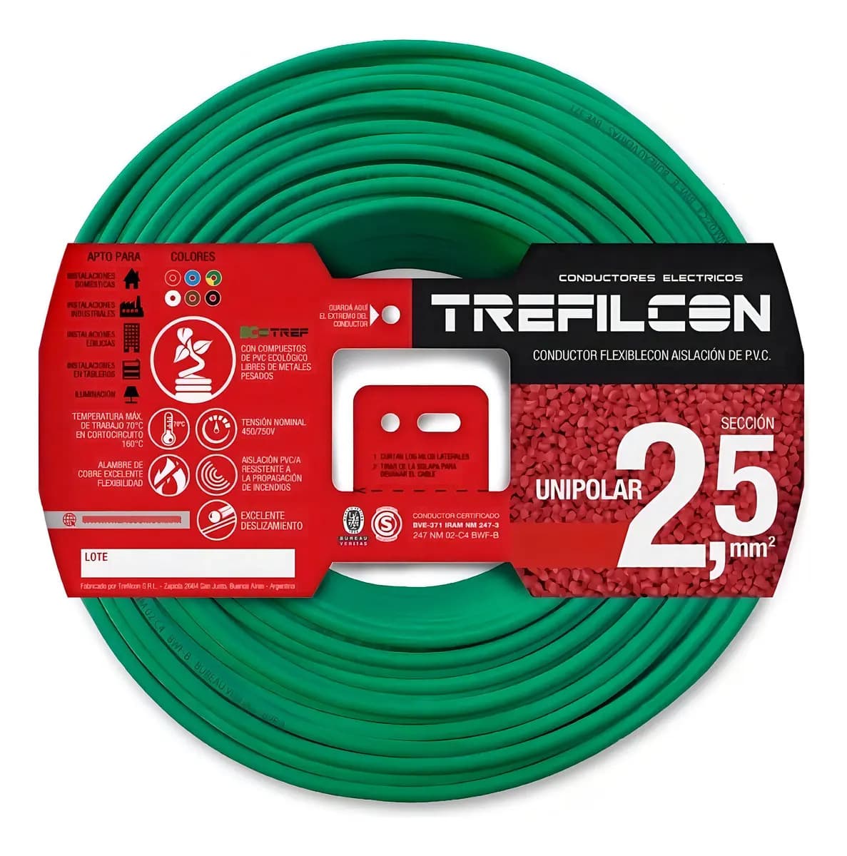 Cable 2.5mm Unipolar Trefilcon Normalizado X 30mts - Cobre Cubierta Verde-amarrillo
