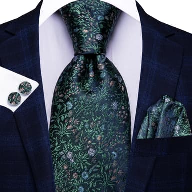 Corbata Hombre Seda Set Con Pañuelo Y Gemelos Ideal Color Verde Pasto Diseño De La Tela Floreado