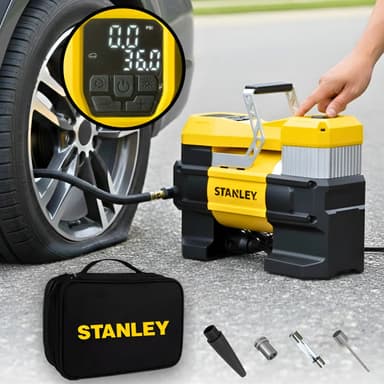 Compresor de aire mini portátil con Display digital Stanley SXIF0001 Presion maxima 10 Bar Linterna y balizas inflador Auto moto bicicleta pelota colchoneta Bolso accesorios