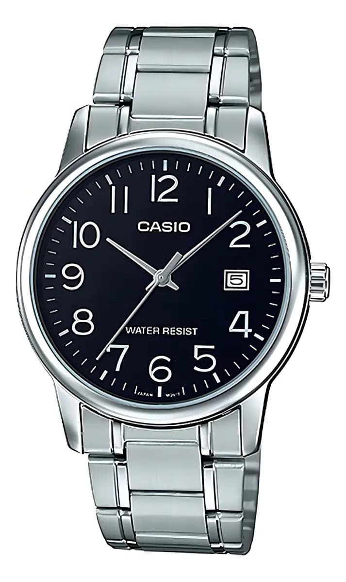 Reloj pulsera Casio MTP-V002D-1B con correa de acero inoxidable color plateado - fondo negro